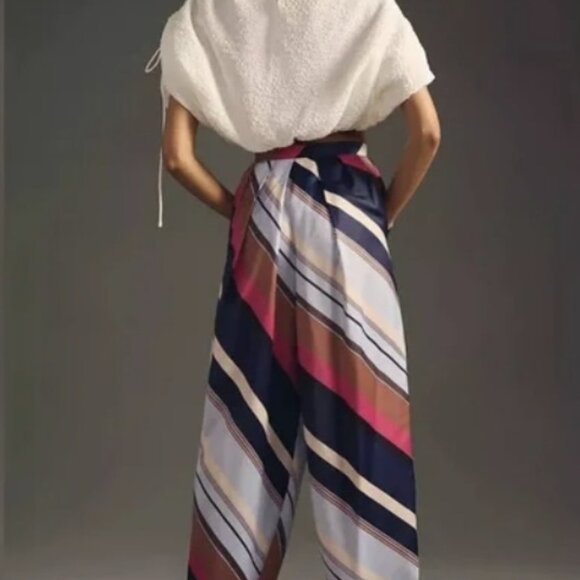 ANTHROPOLOGIE MAEVE Striped Satin Balloon Leg Pants Size 12 - Picture 2 of 13